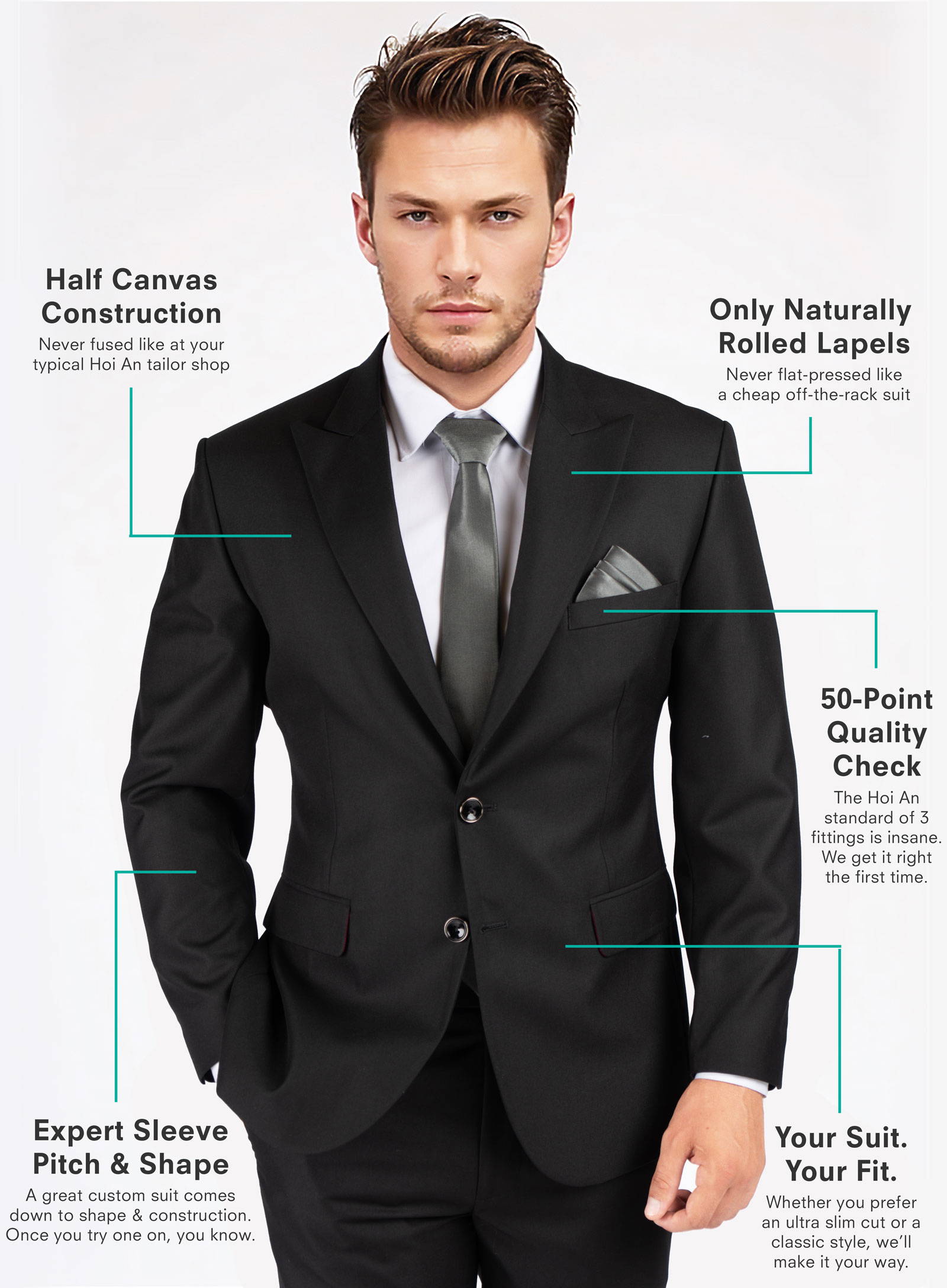 A black sharkskin suit on model