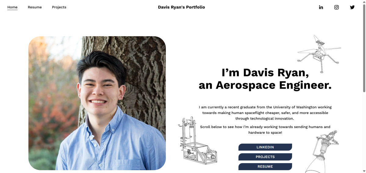 Screenshot of Davis Ryan, from the engineer portfolios collection.