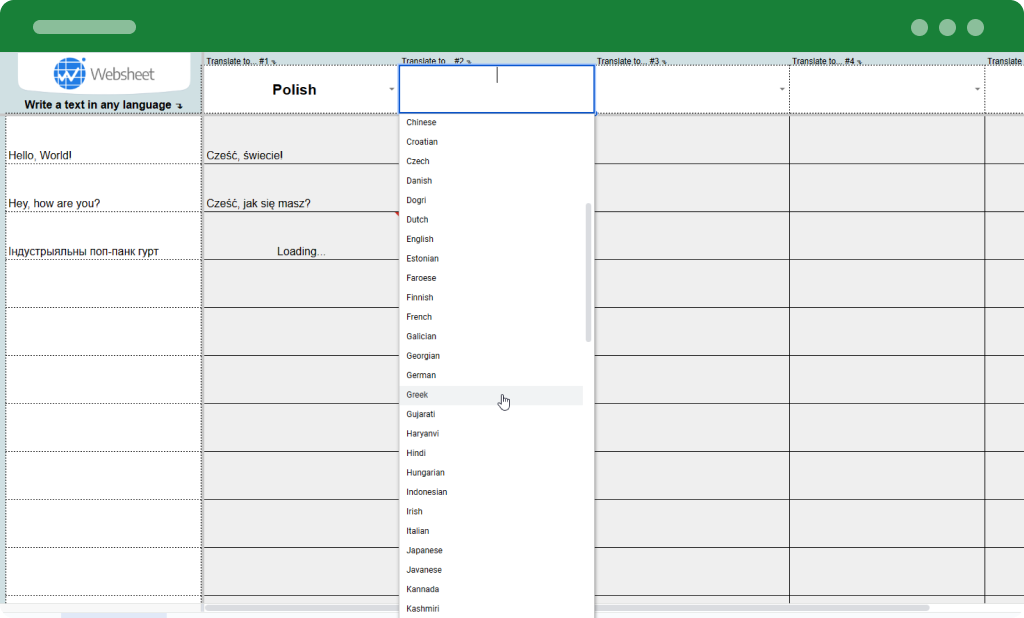 Filling websheet