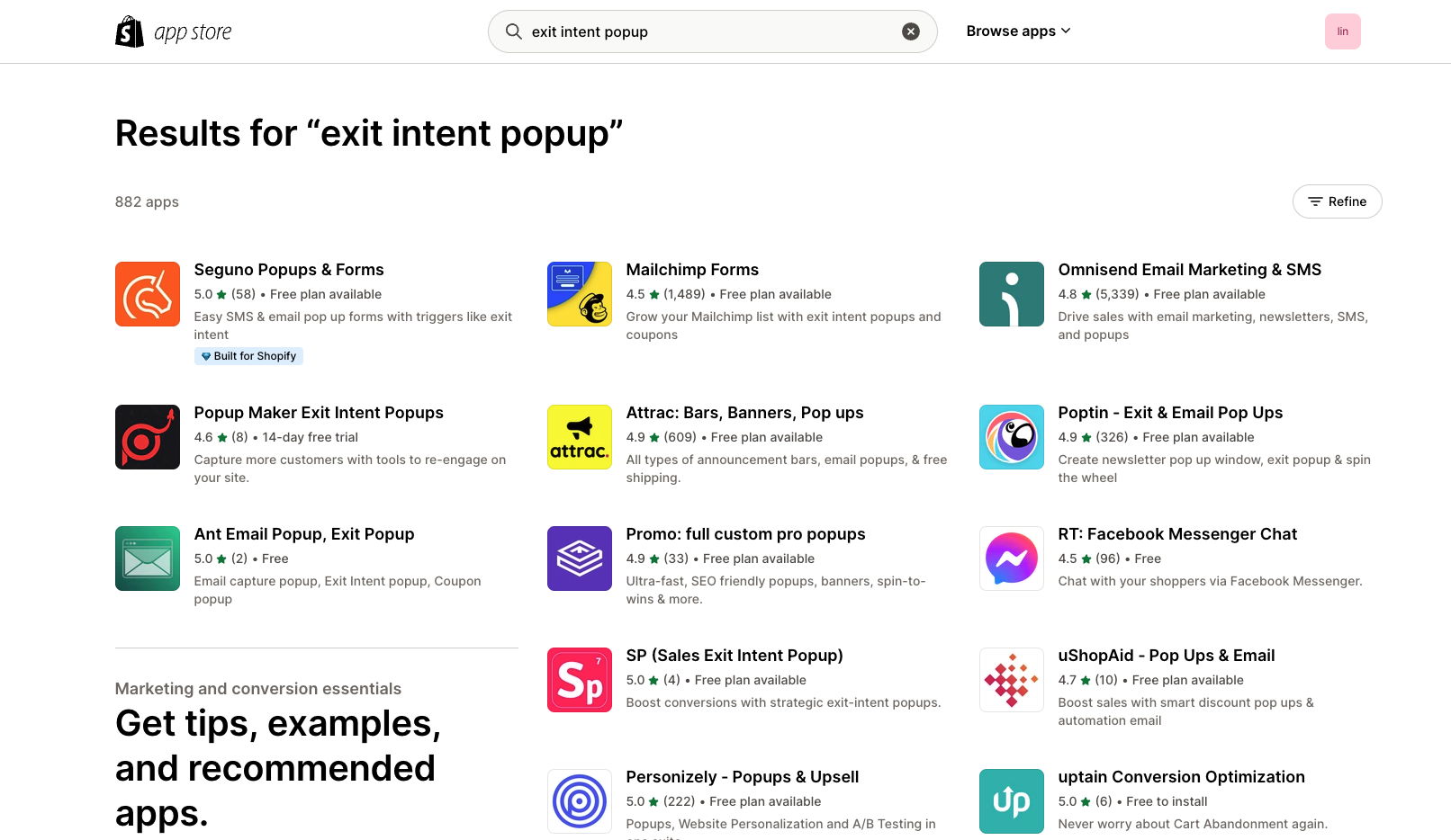 The exit intent popup on Shopify App Store