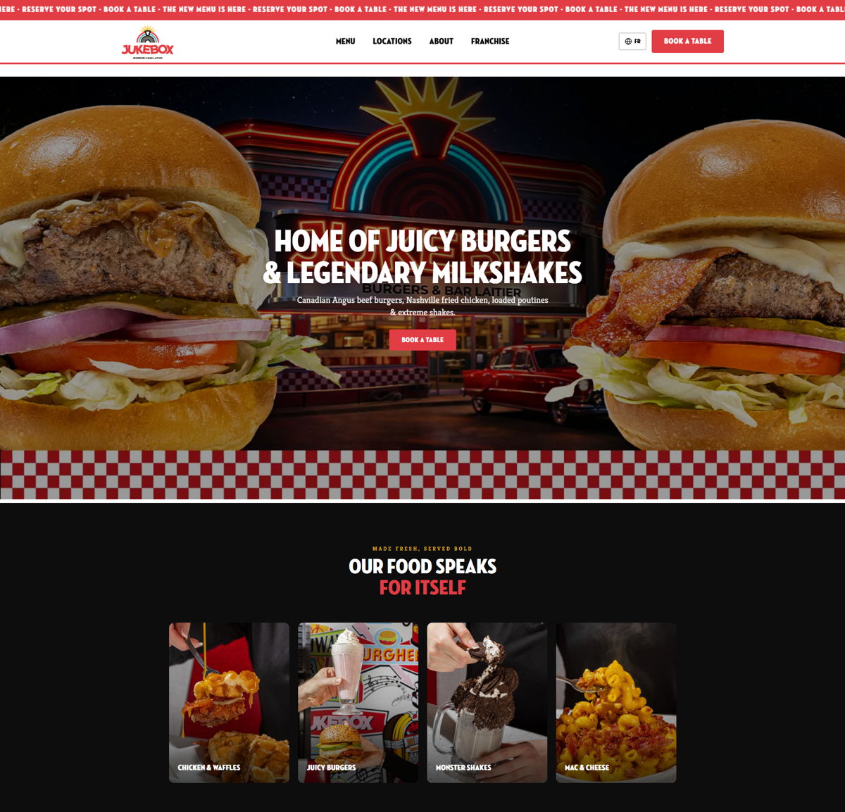 Screenshot of Jukebox Burgers, from the lovable websites collection.