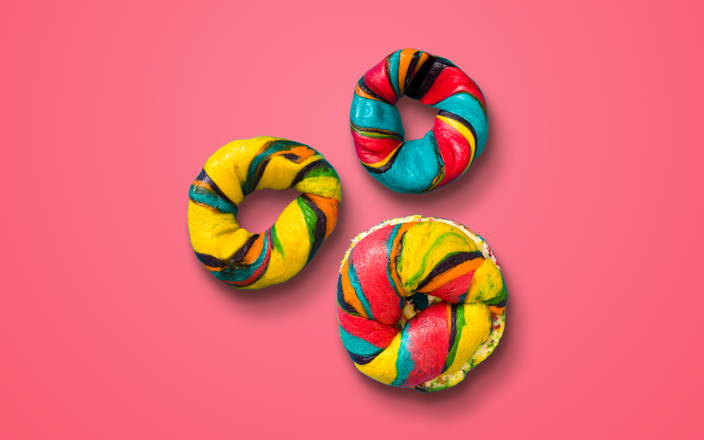 Rainbow bagels for Confetti's Virtual Bagel Making Class