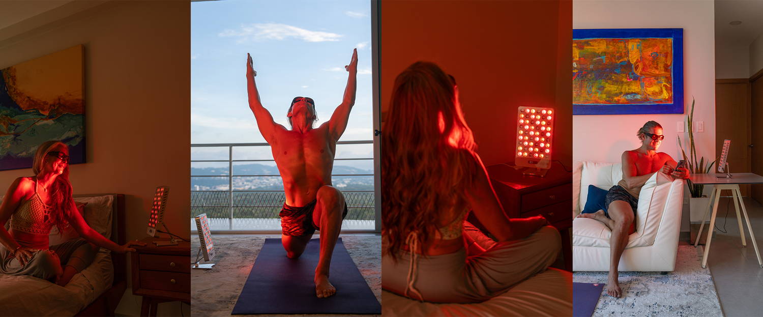 People using Mitolux BTS2 red light NIR sunlamp at home — woman relaxing, man doing yoga, meditation and daily wellness routine