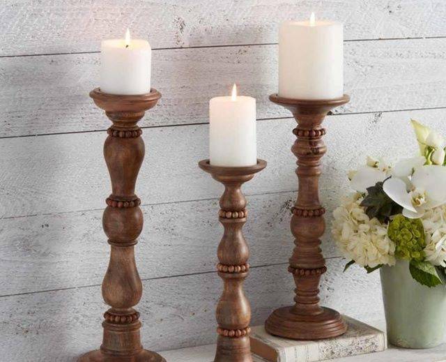 Set of 3 Natural Wooden Candlesticks with Bead Detail