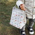Little boy holding a bag that turns into a blanket of a Picnic Set. 