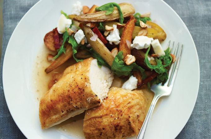 Chicken with Roasted Vegetable Salad and Goat Cheese