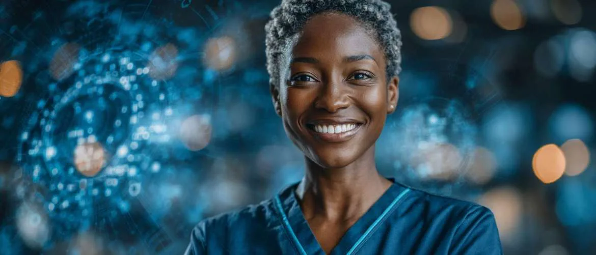 Healthcare professionals using futuristic technology in a blue-green hospital command center