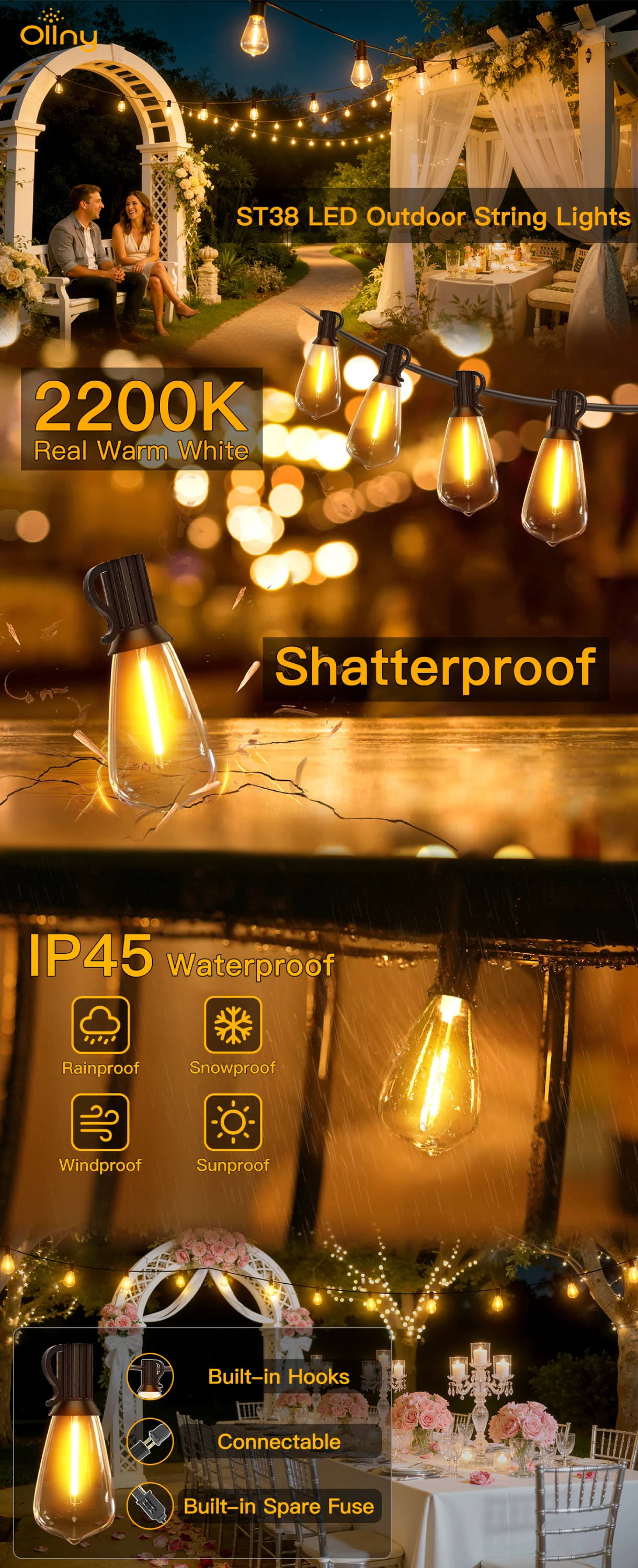 Features of Ollny's S14 outdoor string lights