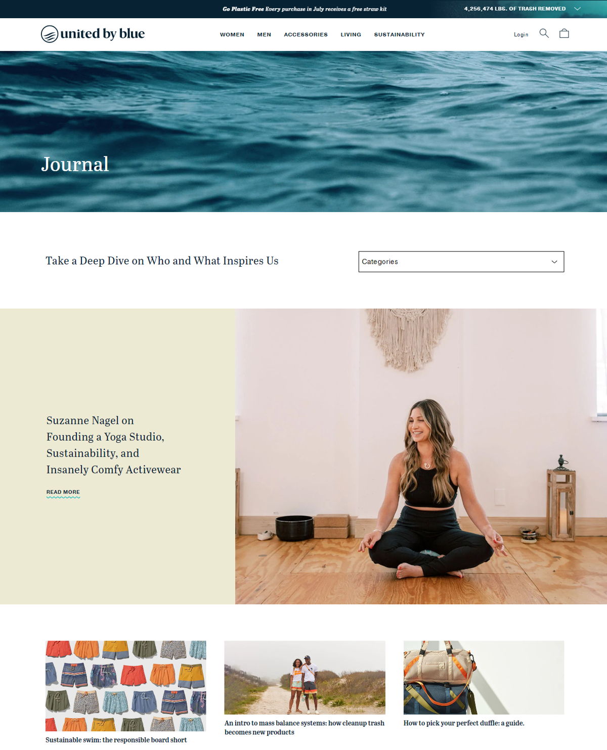 Screenshot of United By Blue Journal, from the shopify blog examples collection.