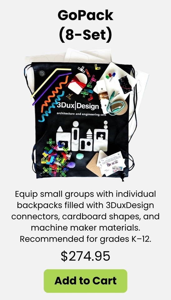 Book-N-Build Boxitects kit, blends hands on learning and STEM with ELA. build with recycled materials and 3DuxDesign materials.