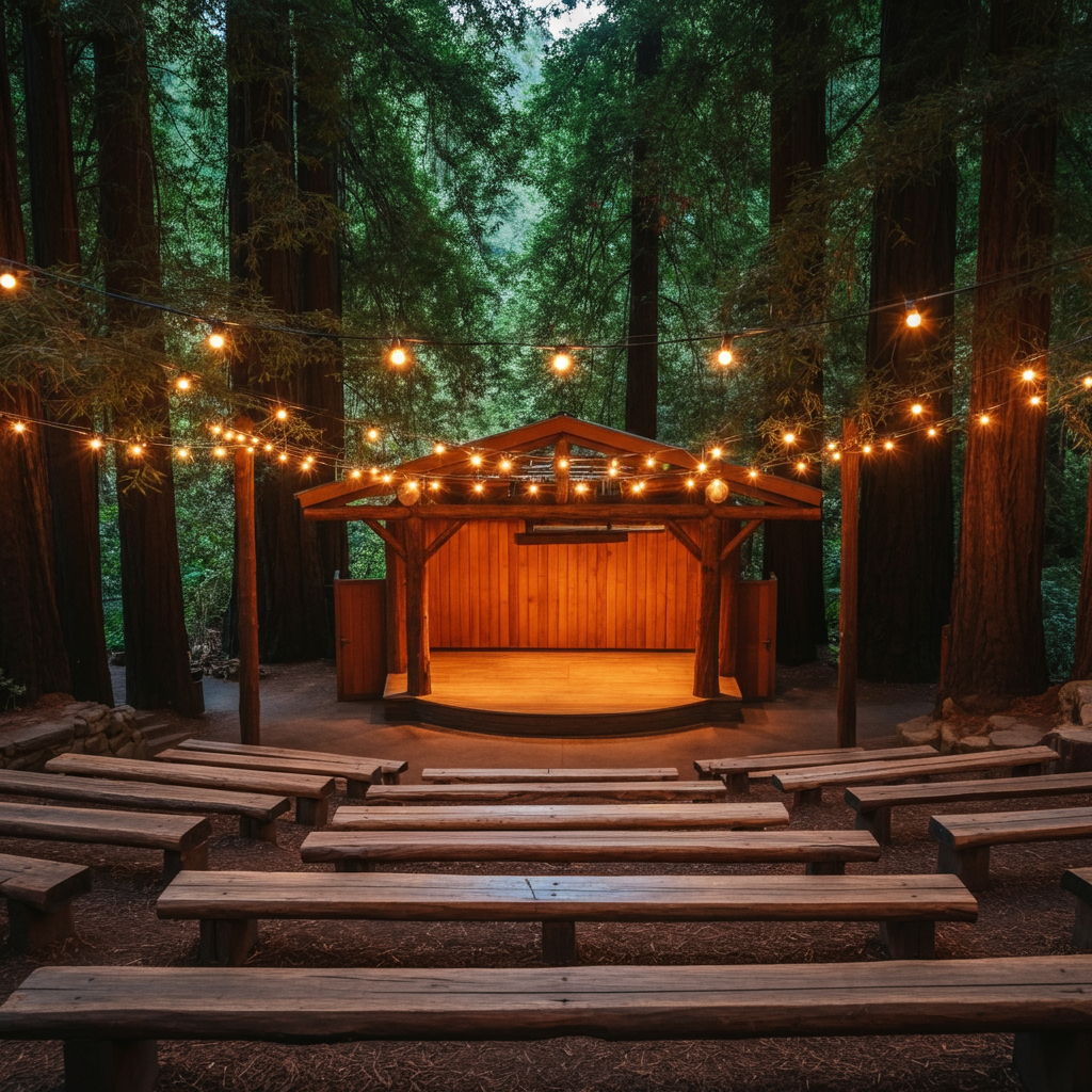 A photographic style image of A rustic outdoor amphitheater nestled in a redwood grove, featuring natural log seating and a stone stage area. String lights weave through the branches overhead. high focus, sharp, lots of bright light, extra bright, highly detailed, high quality, dslr, film grain, fujifilm XT3, RAW photo, RAW candid cinema, color graded porta 400, depth of field, hyper realistic, natural-looking, expressive, textured skin, texture, 8k, photorealistic