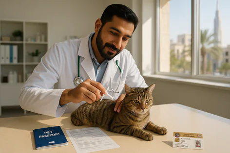A male veterinarian in a white coat is inserting a microchip transponder into the shoulder blade of a tabby cat on an examination table. A blue pet passport and documents are next to the cat.