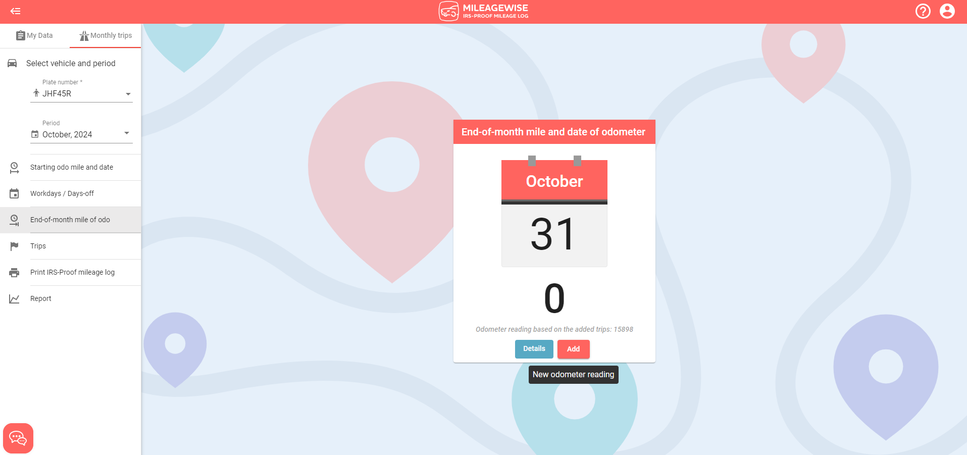 add odometer reading mileage log