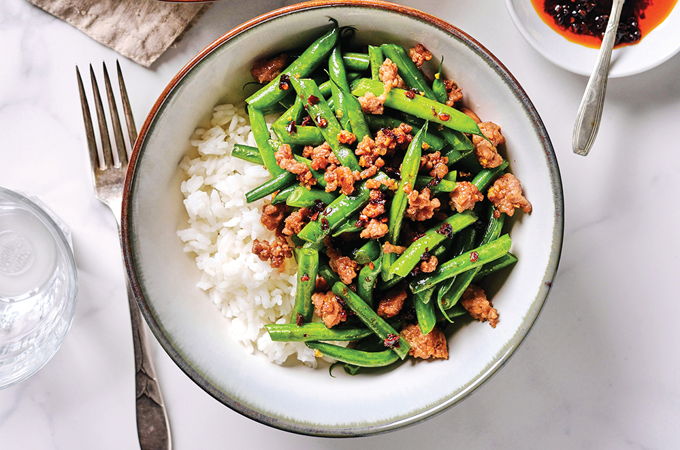 Sauté de haricots verts au porc haché