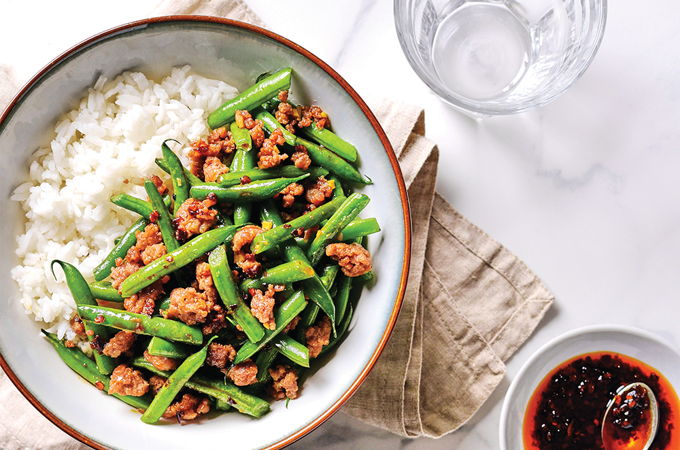 Sauté de haricots verts au porc haché