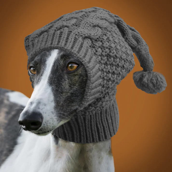 Grey Whimsical Knit Dog Hat with Pom-Pom - Cozy Winter Pet Beanie & Snood