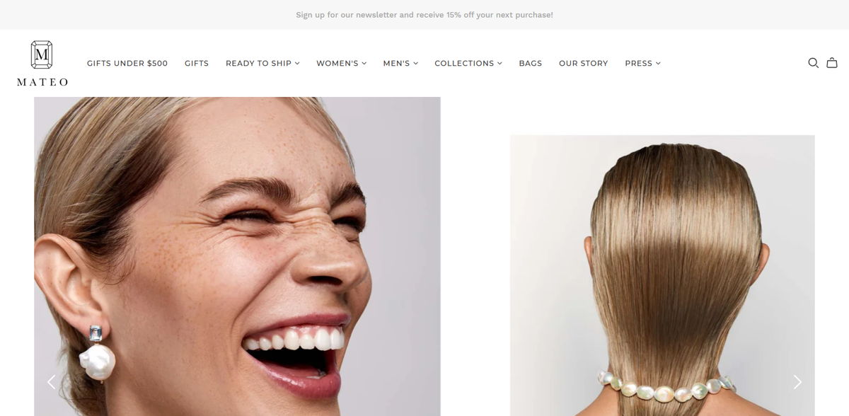 Screenshot of MATEO NEW YORK , from the shopify jewelry stores collection.