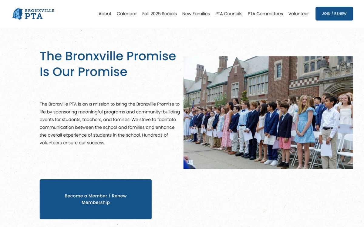 Screenshot of Bronxville PTA, from the squarespace membership websites collection.