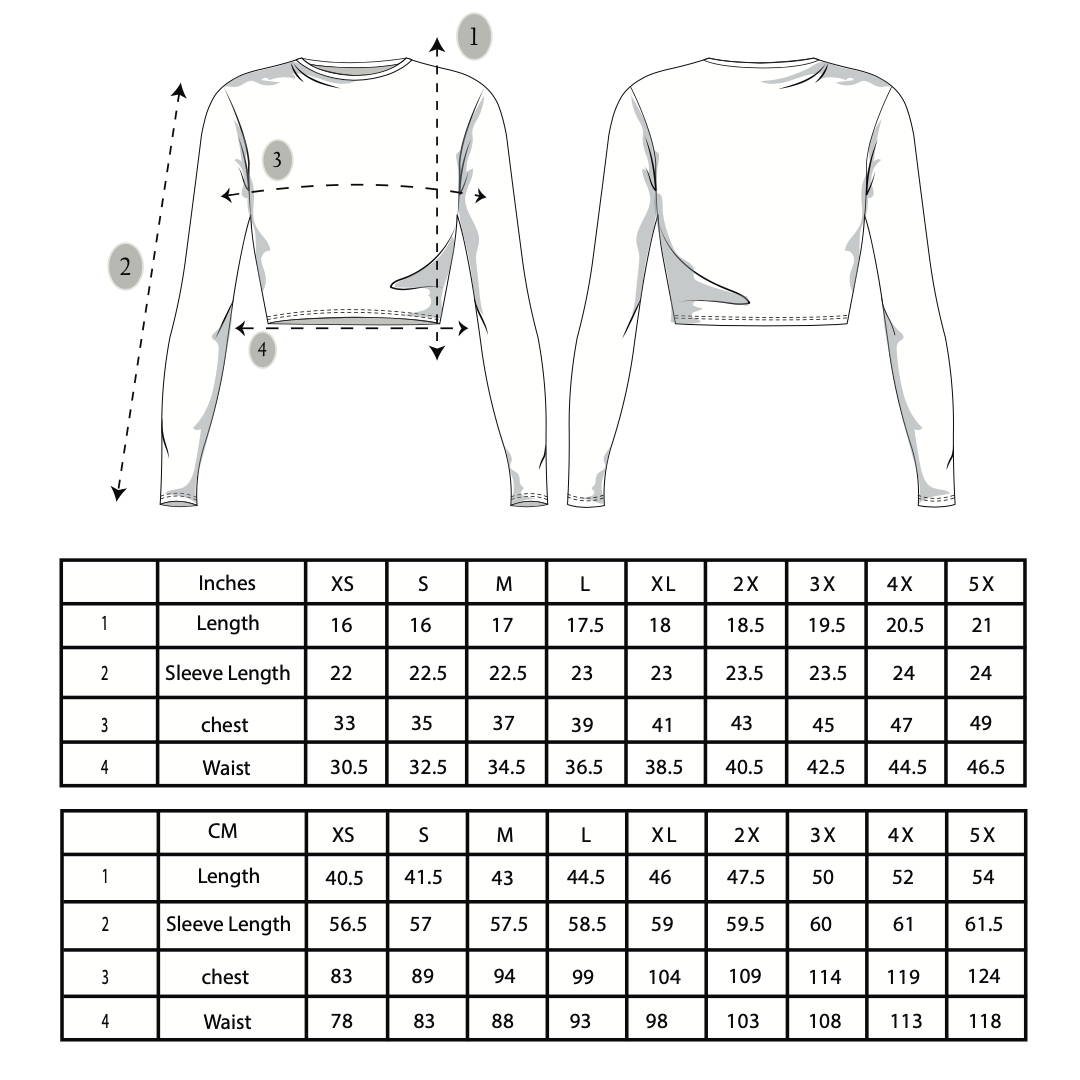 Play Out Apparel Jamison short cropped long sleeve shirt sizing chart available in XS-5X
