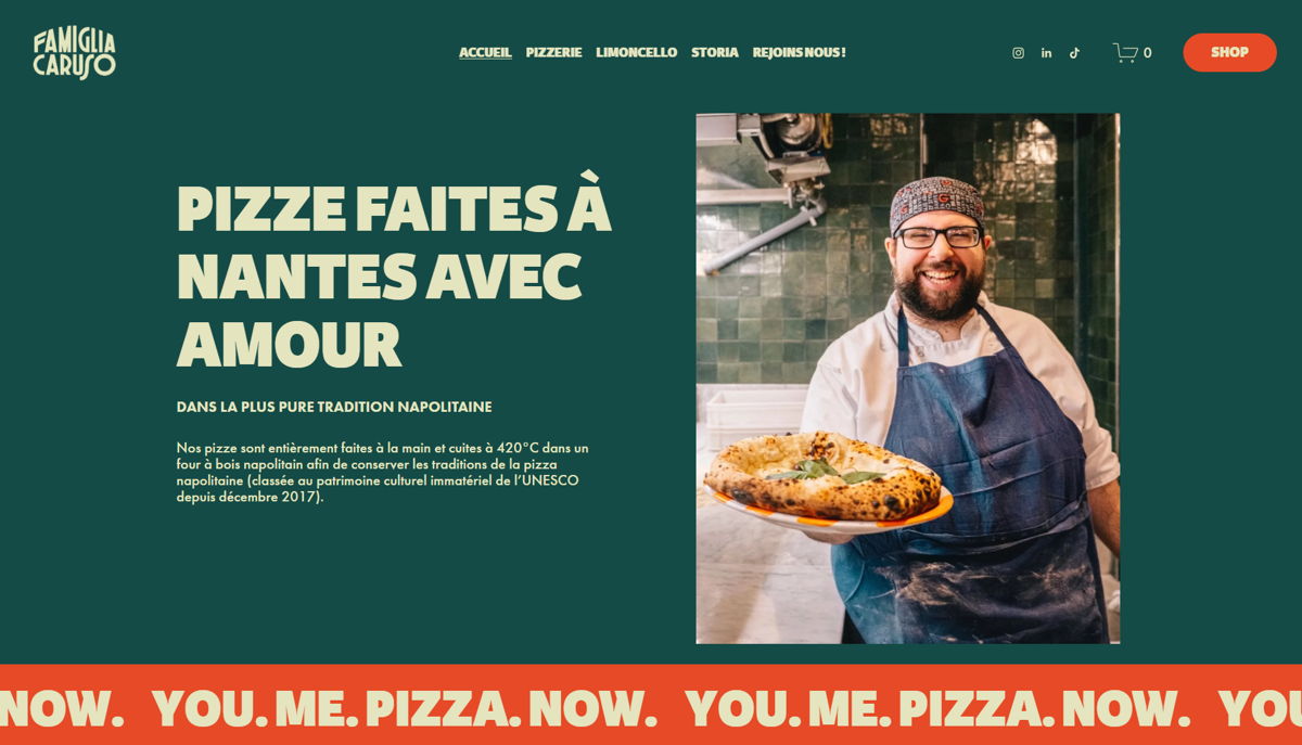 Screenshot of Famiglia Caruso, from the pizza place websites collection.
