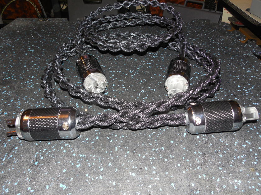 Pair 2 meter BLACK SHADOW Custom made silver/rhodium woven Power cords CARBON FIBER Connectors SILVER TEFLON