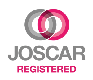 The image shows the JOSCAR Registered logo, featuring two interlocking circles in gray and pink, above the words JOSCAR REGISTERED in bold gray and pink letters on a white background.