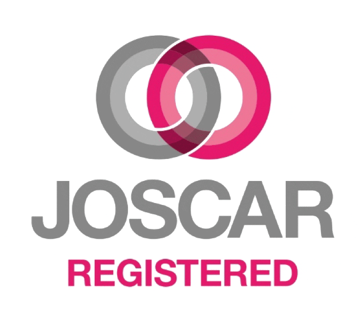The image shows the JOSCAR Registered logo, featuring two interlocking circles in gray and pink, above the words JOSCAR REGISTERED in bold gray and pink letters on a white background.