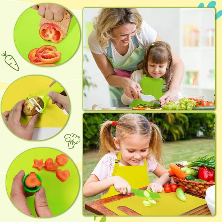 Mother showing to her daughter how to cut a cucumber, little girl using her Montessori Cooking set knife to cut vegetables.