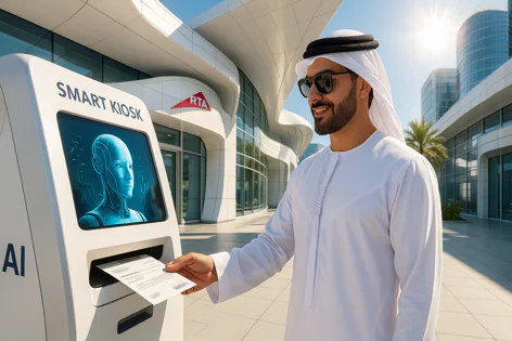 A man in traditional Emirati attire interacts with an RTA smart kiosk displaying an AI face, inserting a document.