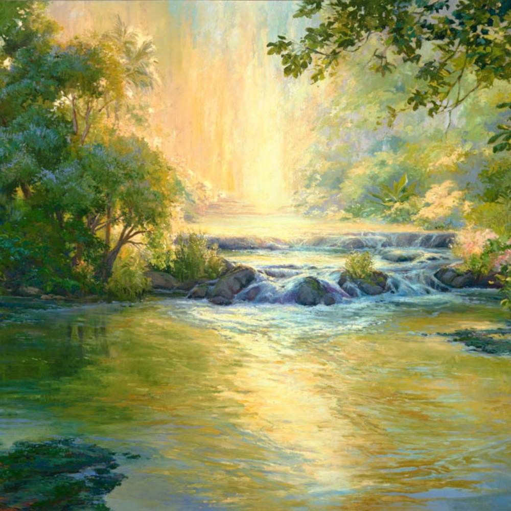 Painting of a gentle river with a few short waterfalls.