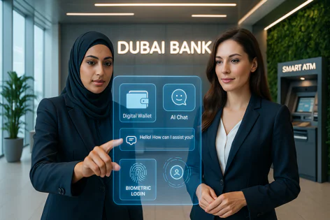 Two women in a modern Dubai Bank lobby interact with a holographic interface showing digital wallet, AI chat, and biometric login.