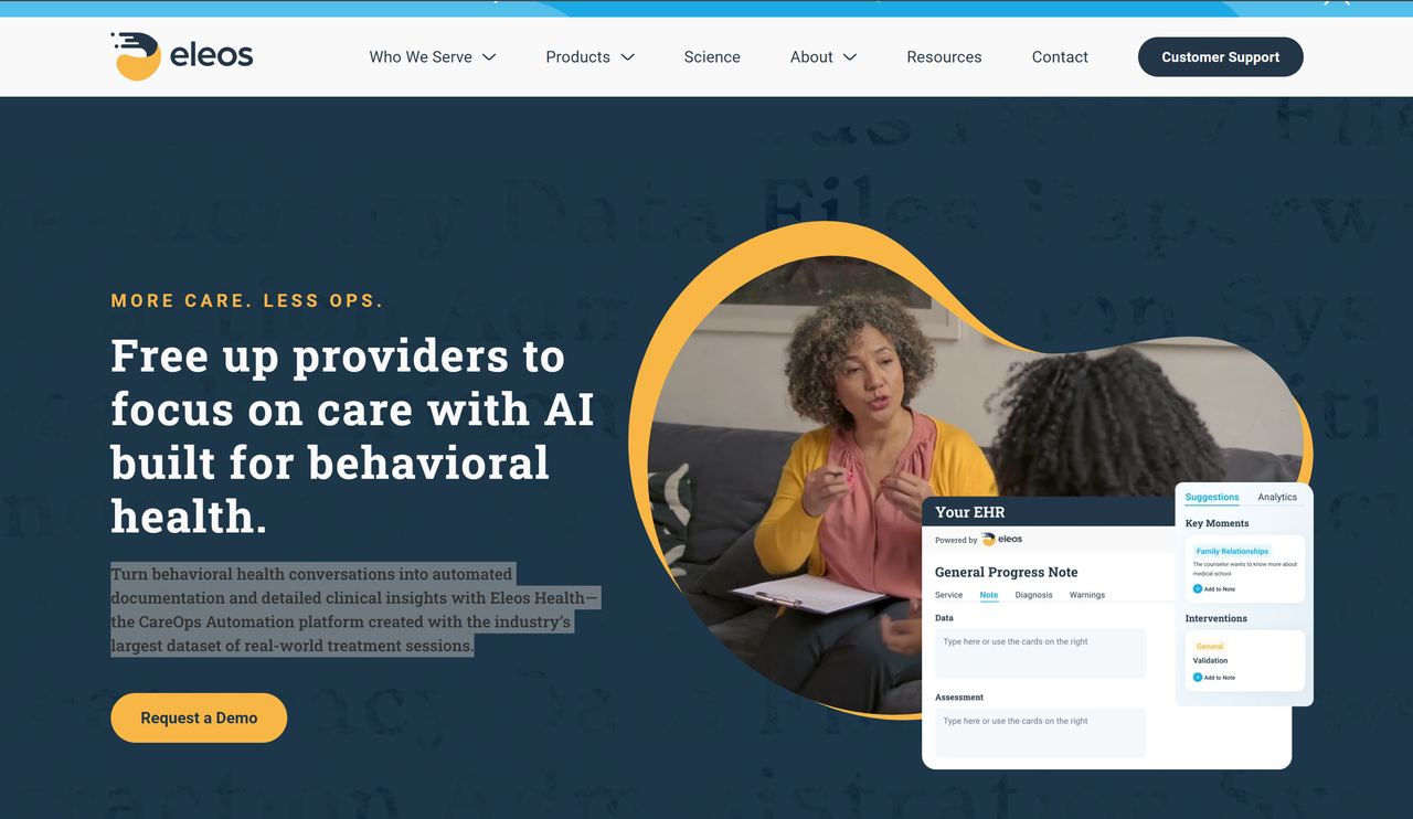 Screenshot of Eleos's website landing page, an AI scribe