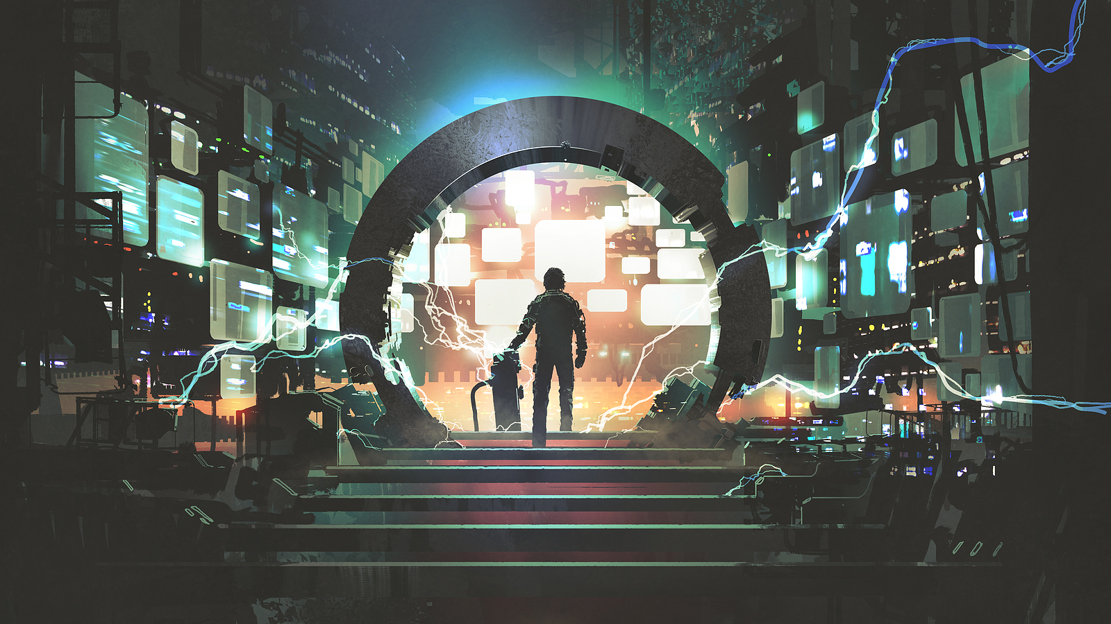A scifi scene with a machine in the center being lit with electricity and a figure approaching it