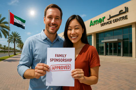 Happy couple holds a paper with "FAMILY SPONSORSHIP APPROVED" text, standing outside the Amer Service Centre building under a sunny sky with the UAE flag.