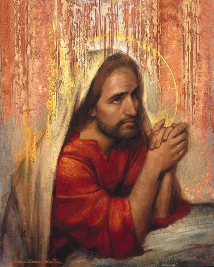 Textured painting of Jesus kneeling in prayer.