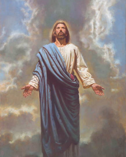 Painting of Jesus in a blue robe rising through the clouds, His face turned heavenward.
