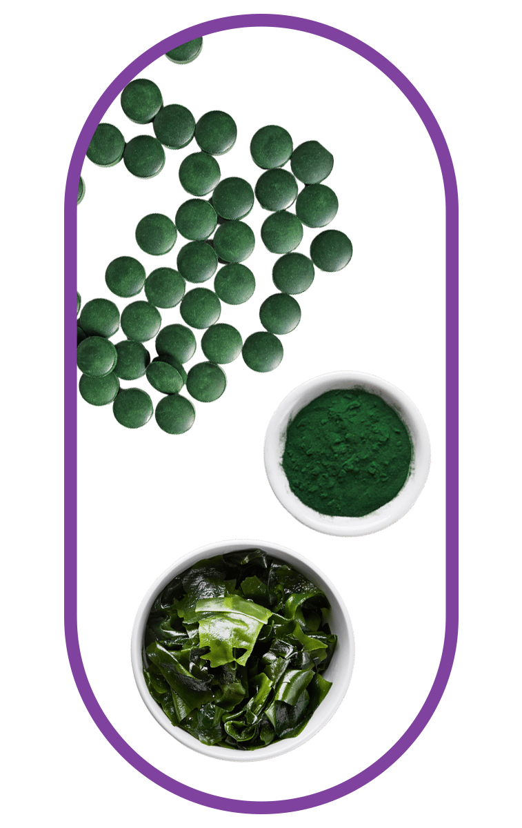 Image of spirulina tablets, powder, and seaweed highlighting its energy boost, immune support, and nutrient richness, linked to a multivitamin for women.