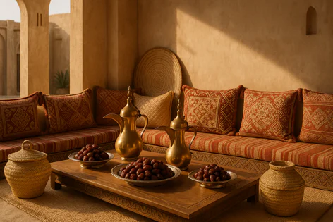 A cozy seating area with traditional Middle Eastern decor, featuring brass dallah coffee pots, bowls of dates, patterned pillows, and wicker baskets.