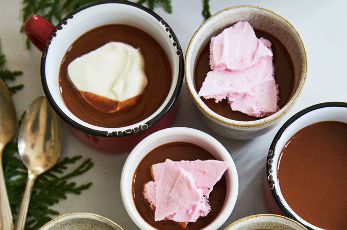 Almond Hot Chocolate with Crushed Cranberry Meringue