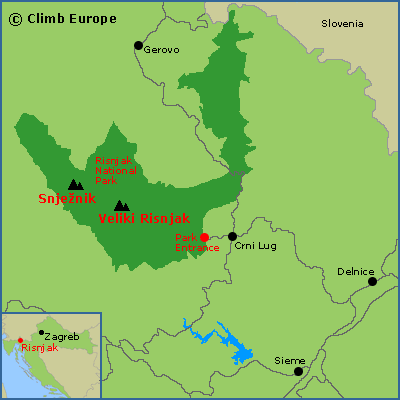 Map of the Risnjak National Park showing the peaks of Veliki Risnjak and Snježnik