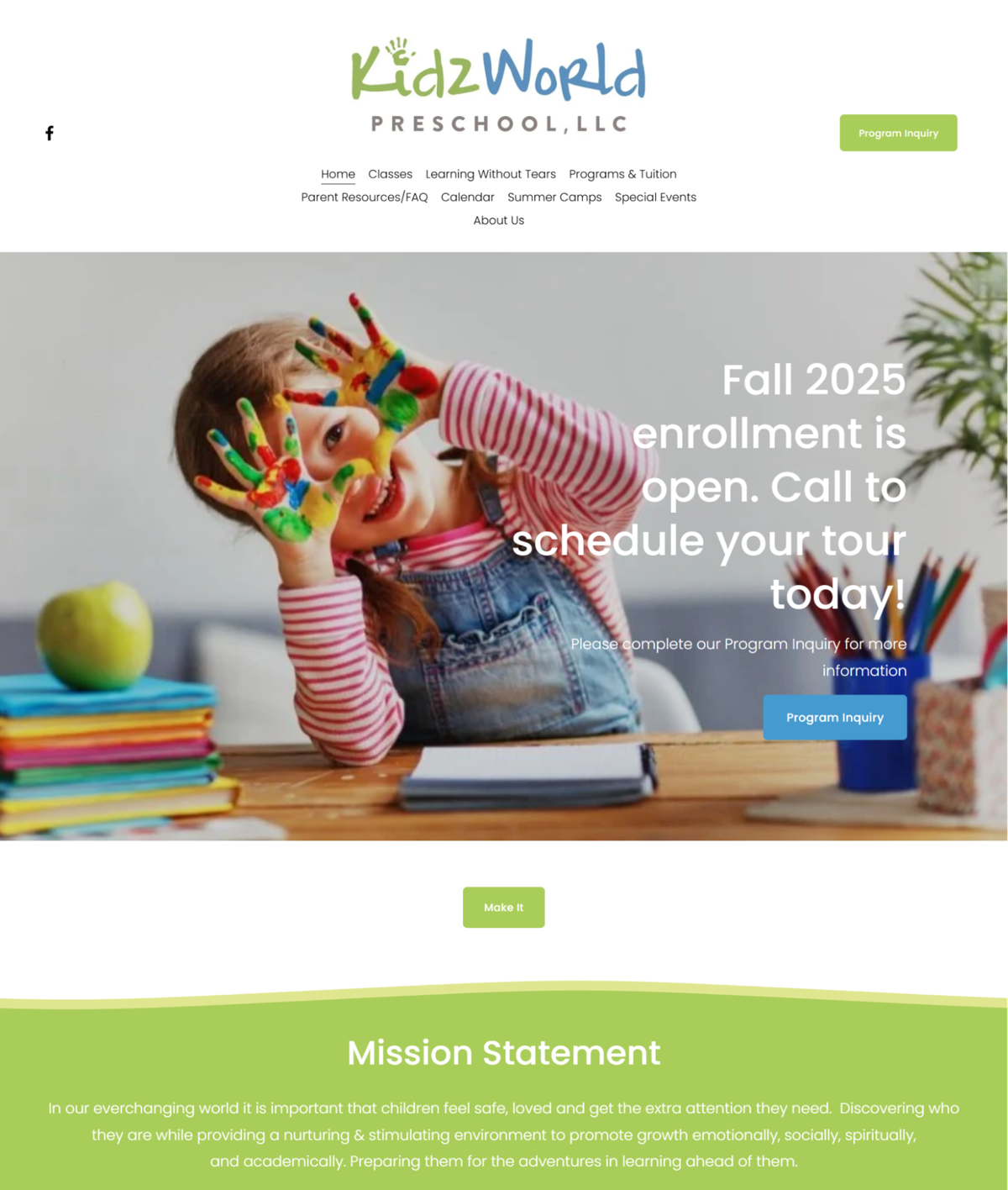 Screenshot of Kidz World - Frisco, from the kindergarten websites collection.