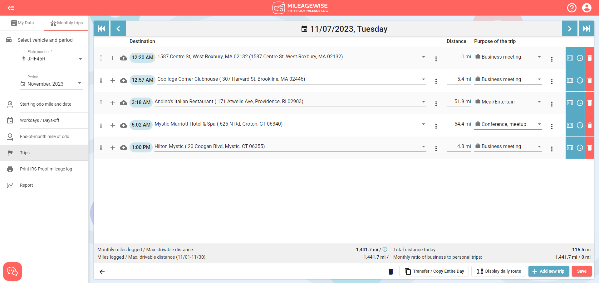 editing trips in mileage log