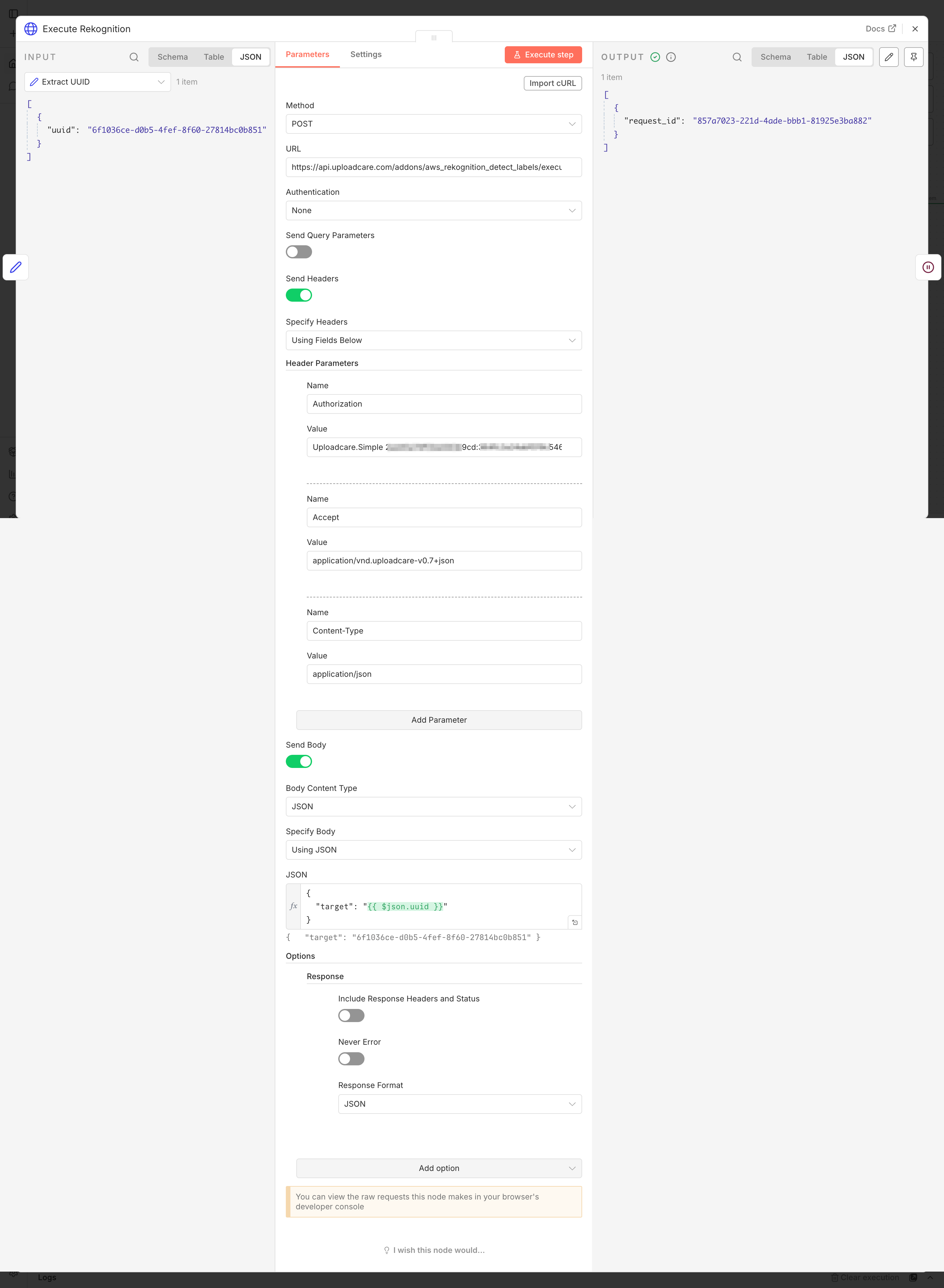 n8n HTTP Request node set to POST the Object Recognition execute endpoint