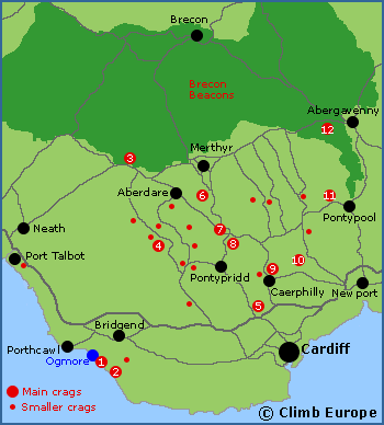 Map of the sport climbing areas near Cardiff in South Wales