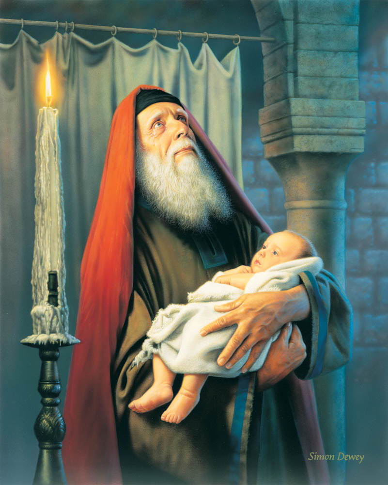 Painting of Simeon holding baby Jesus and looking up toward Heaven.