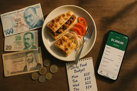 Plate with meat wrap, tomato, and onion, plus Turkish Lira, Georgian Lari, Kuwaiti Dinar banknotes, coins, food budget list, and phone app display.