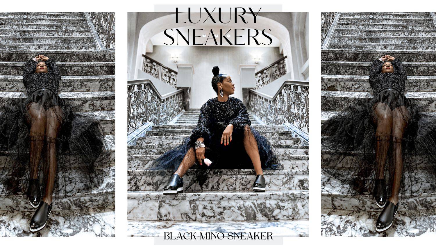 Triptych of African American woman on large marble staircase wearing black long ballerina tutu and Black Mino Sneakers by The Standard.