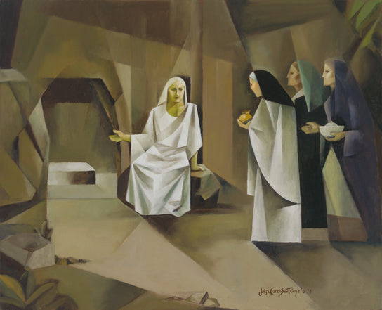 Abstract painting of an angel outside of Jesus' tomb speaking to Mary and two other women. 