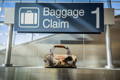 an explorer duffel sitting underneath a baggage claim sign