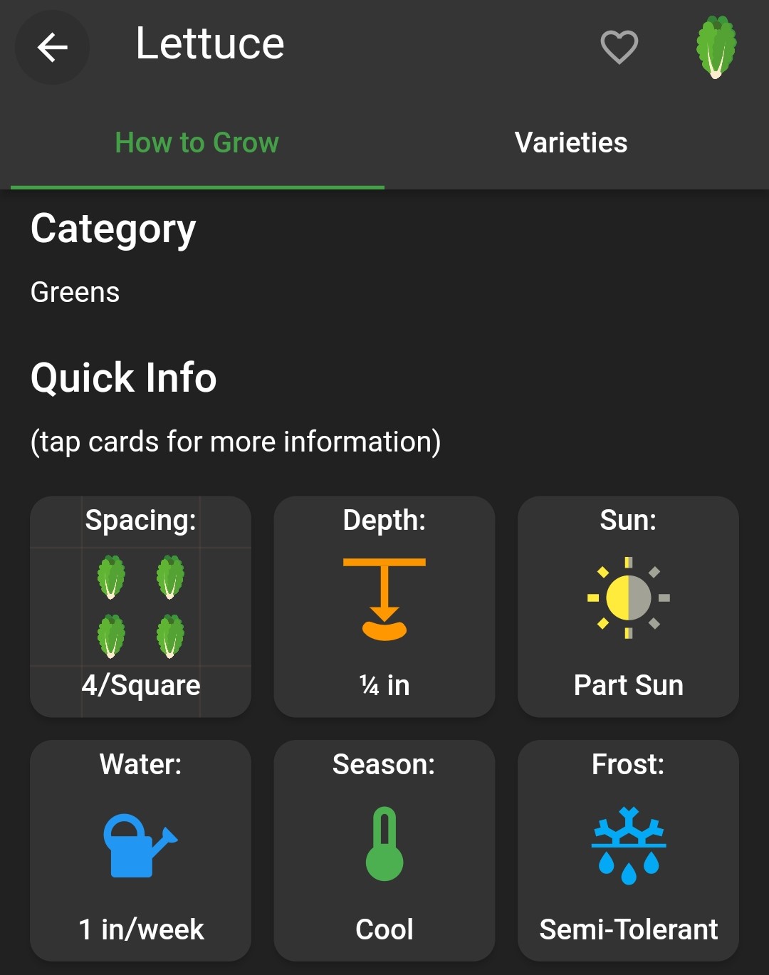 Screenshot of lettuce watering information in Planter